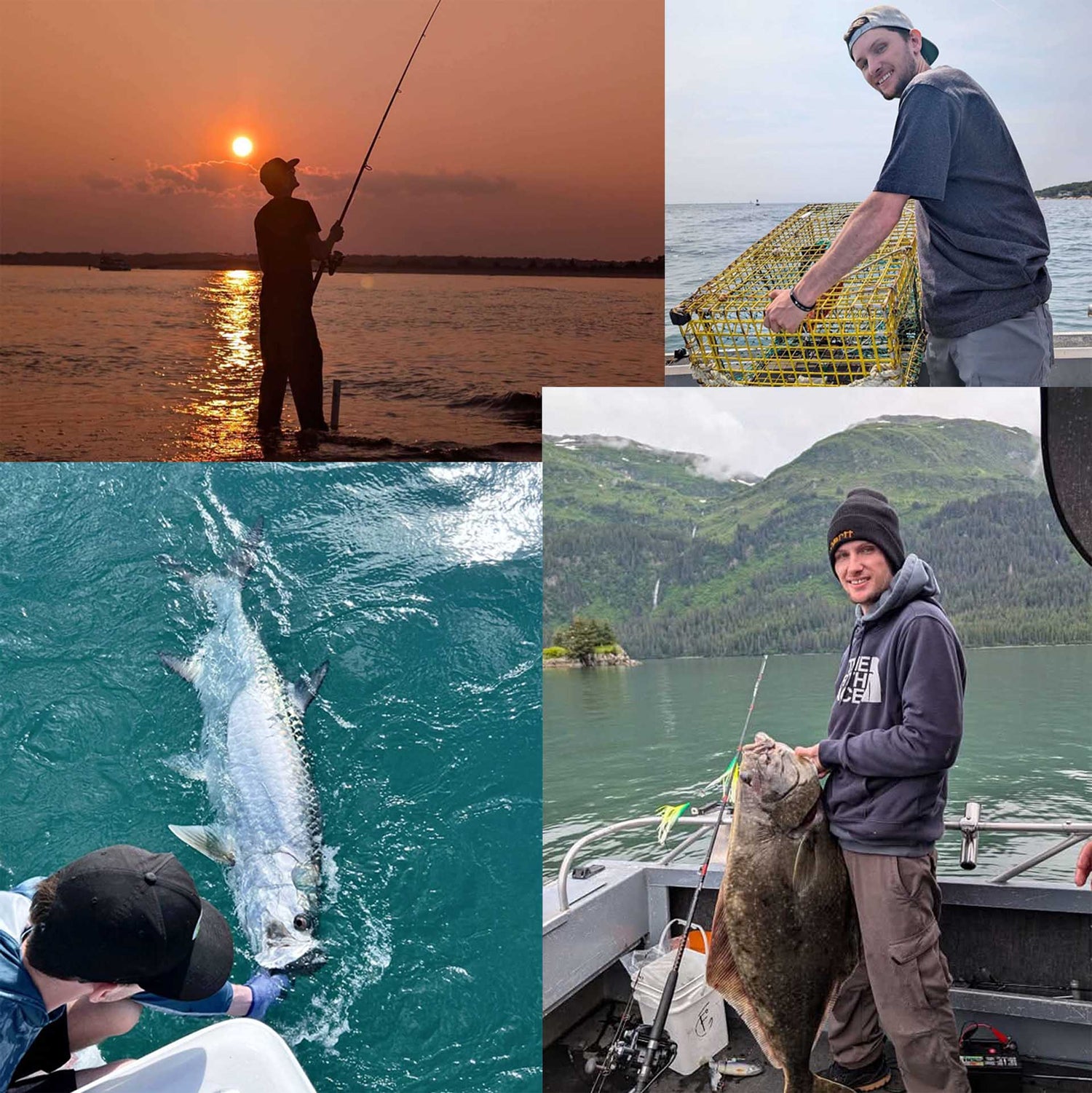 Collage of fishing scenes including sunset, holding a fish, and a person with a large fish.