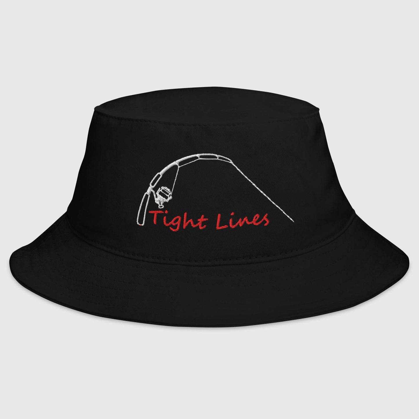 Black fishing bucket hat with embroidered 'Tight Lines' fishing rod and reel design in red and white thread, front view