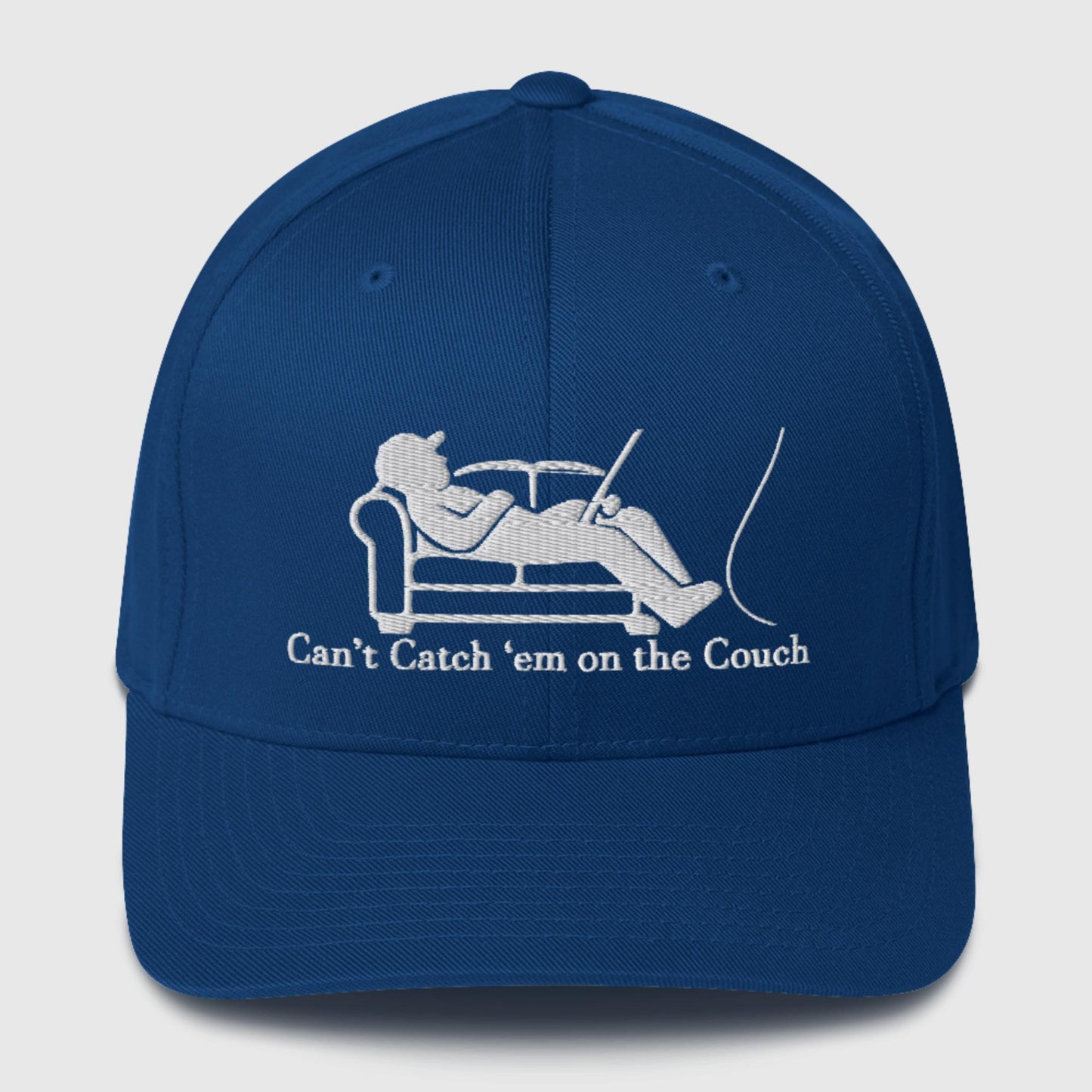 Royal blue dad hat with couch fishing slogan in white