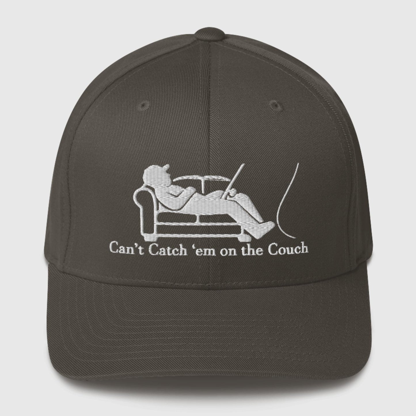 Dark grey dad hat with white couch and fisherman design