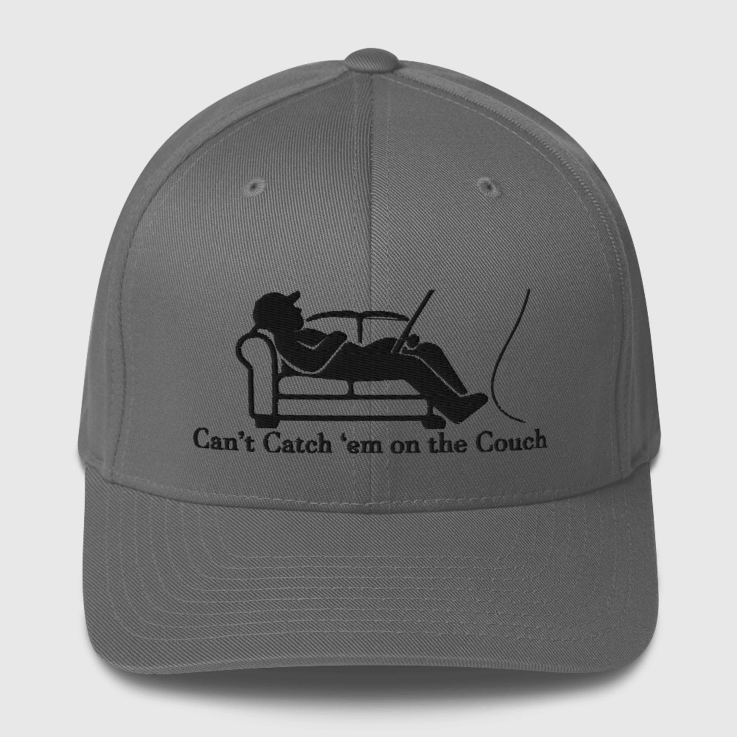 Dark grey dad hat with black fisherman couch graphic and text
