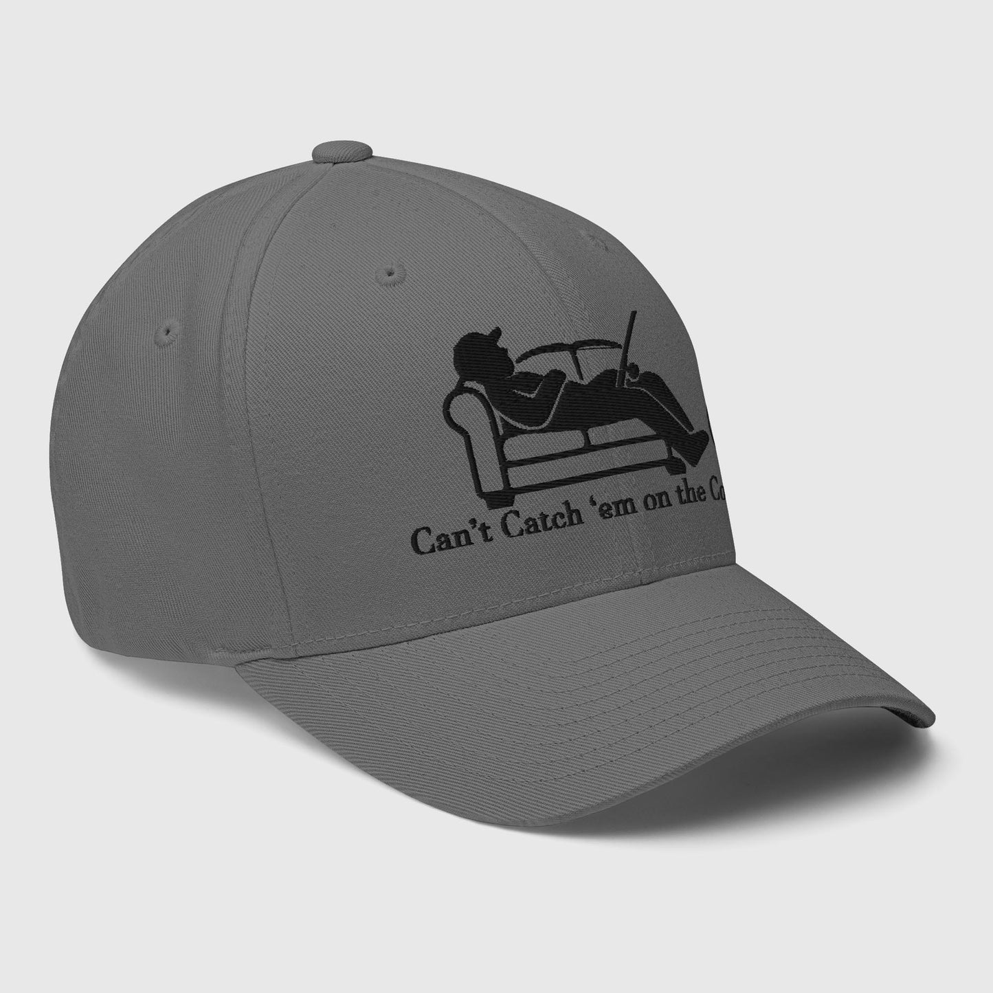 Side view of dark grey dad hat with couch fishing graphic