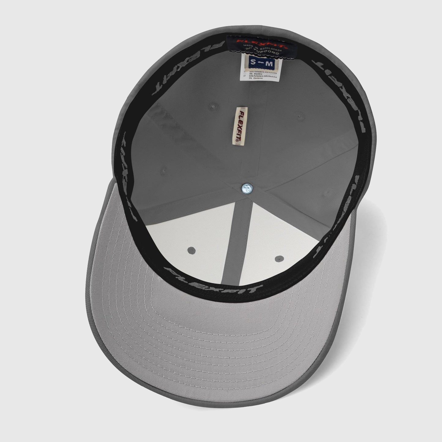 Underside view of dark grey structured dad hat with black brim detail