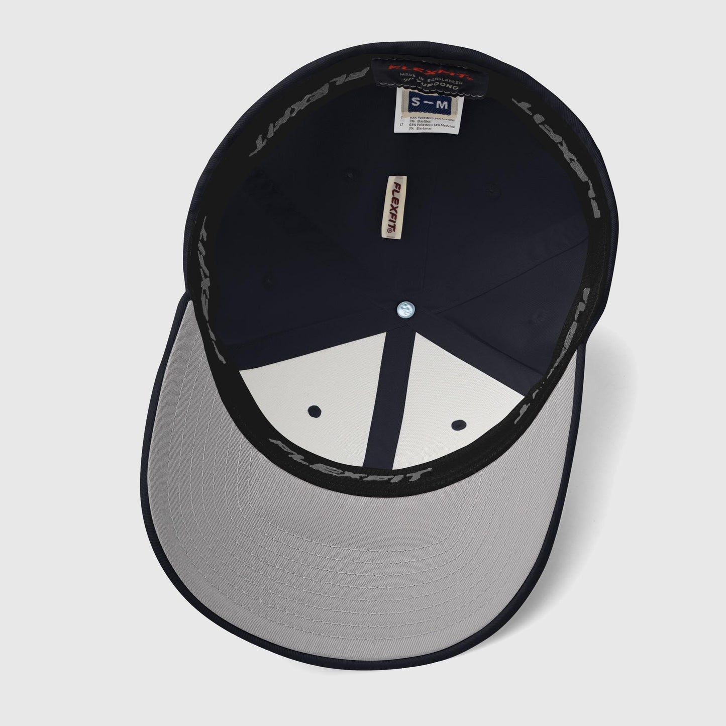 Underside view of navy structured dad hat with white interior paneling