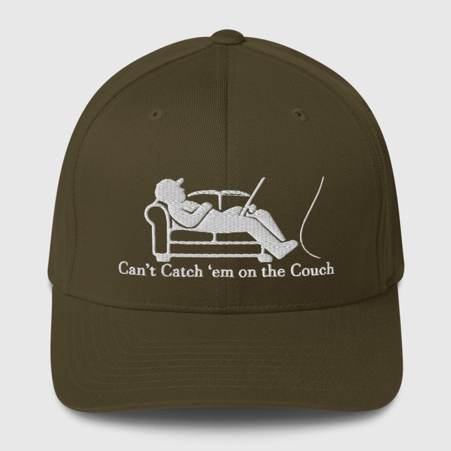 Olive green dad hat with white fisherman-on-couch design