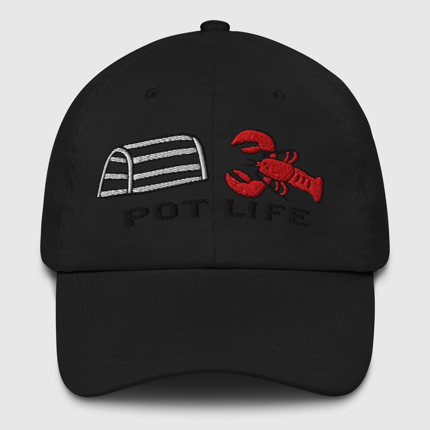 Black dad hat with embroidered lobster trap, red lobster, and "POT LIFE" text on the front