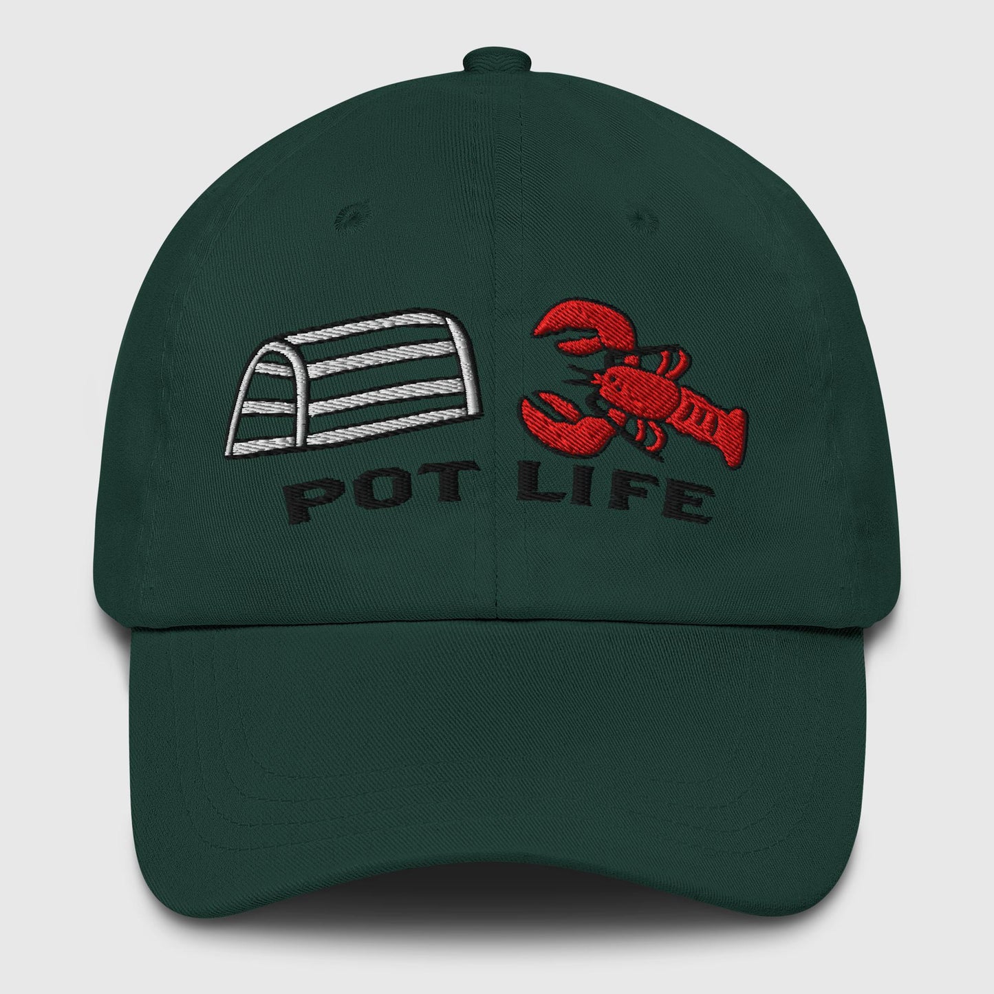 green dad hat with embroidered lobster trap, red lobster, and "POT LIFE" text on the front