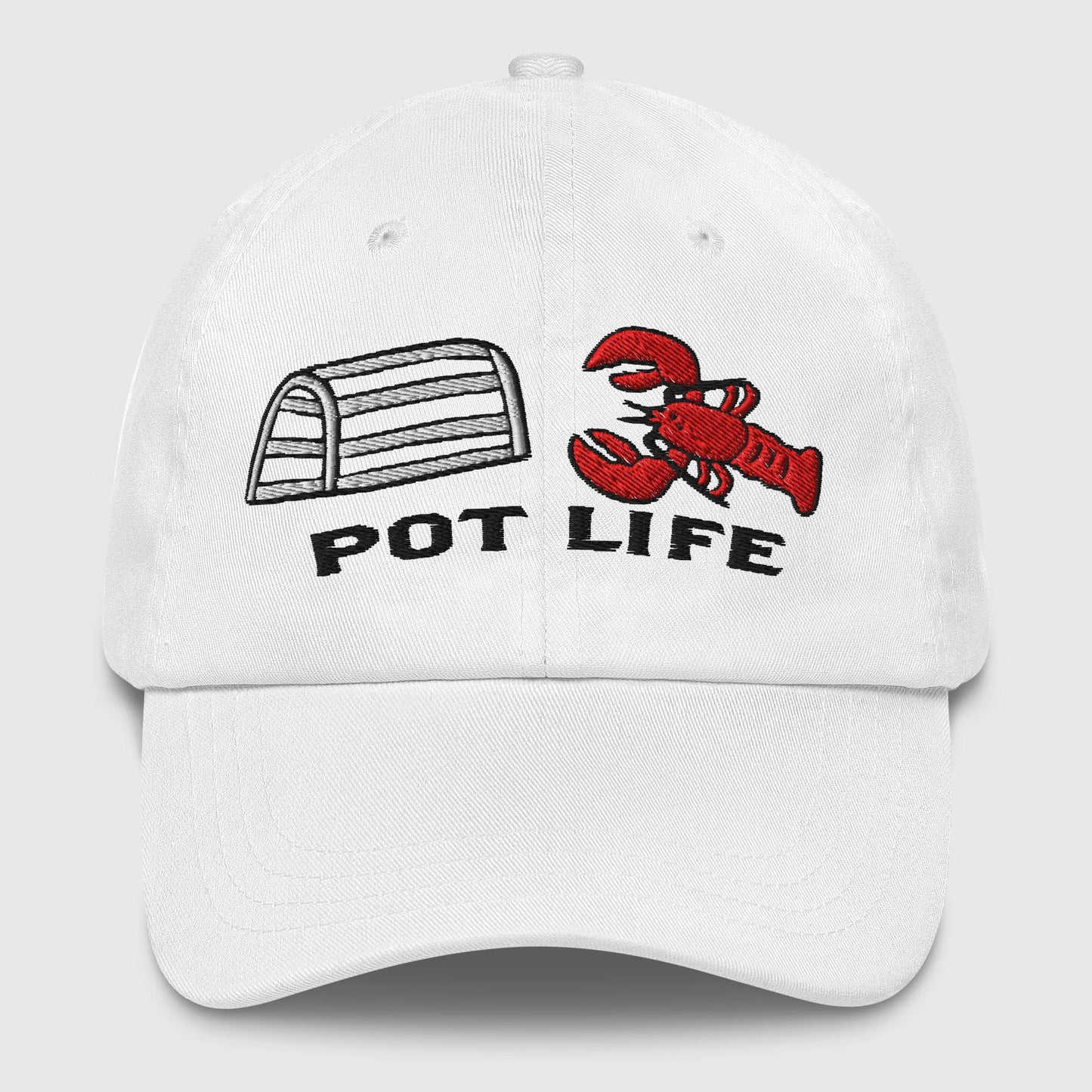 white dad hat with embroidered lobster trap, red lobster, and "POT LIFE" text on the front