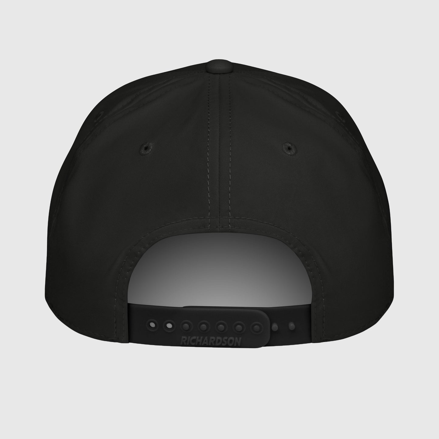 Back of black rope cap with adjustable snap closure