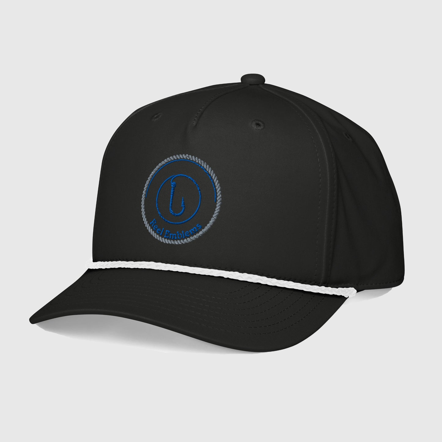 Black rope cap angled left, Reel Emblems logo on front