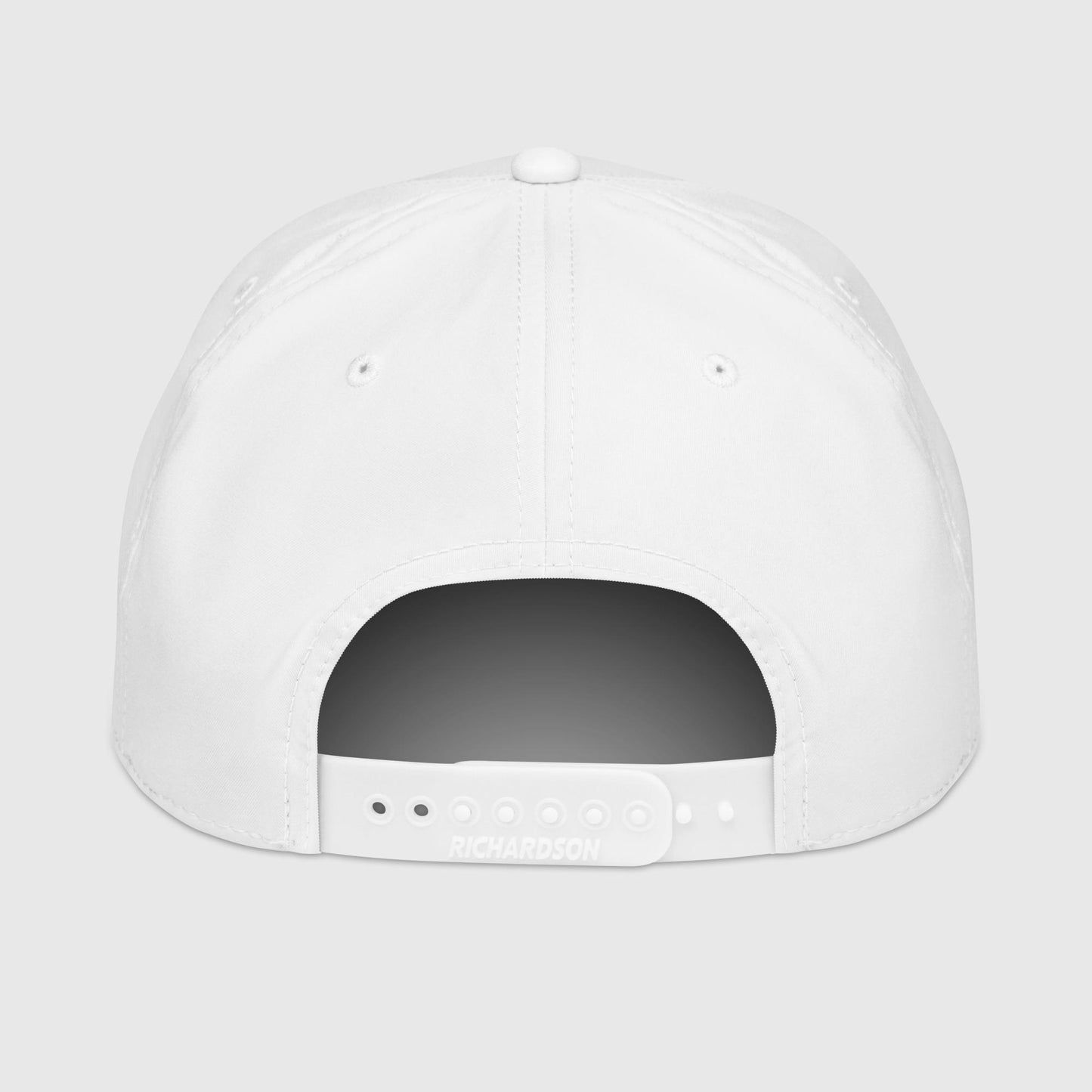 Back view of white rope cap on a light gray background