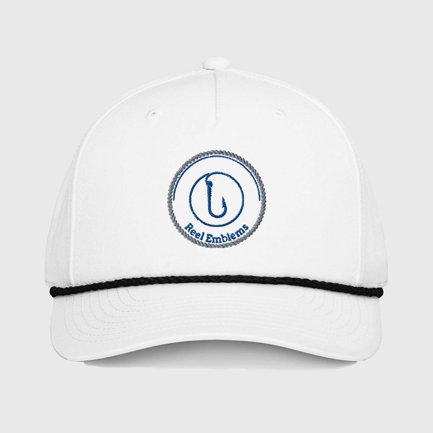 White rope cap with Reel Emblems logo on front