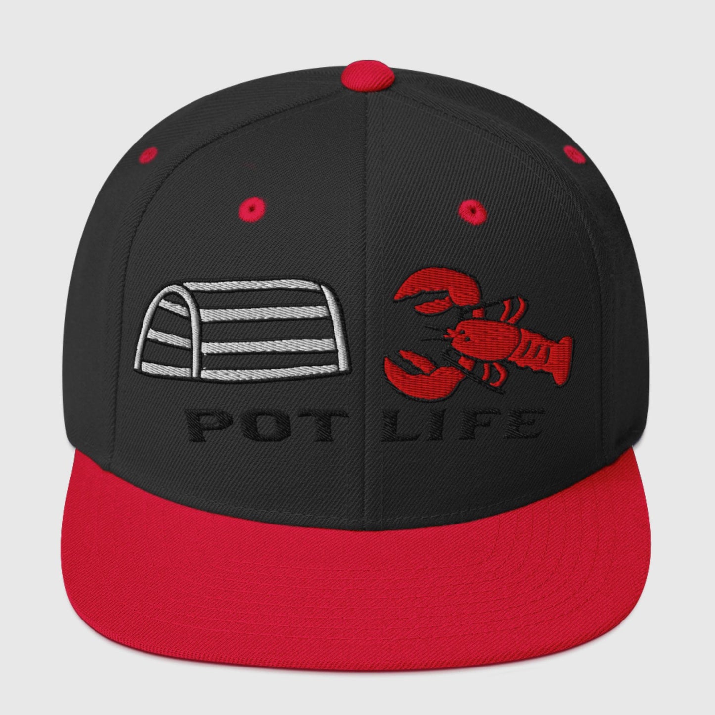 Black snapback hat with red brim, embroidered lobster trap, red lobster, and “POT LIFE” text