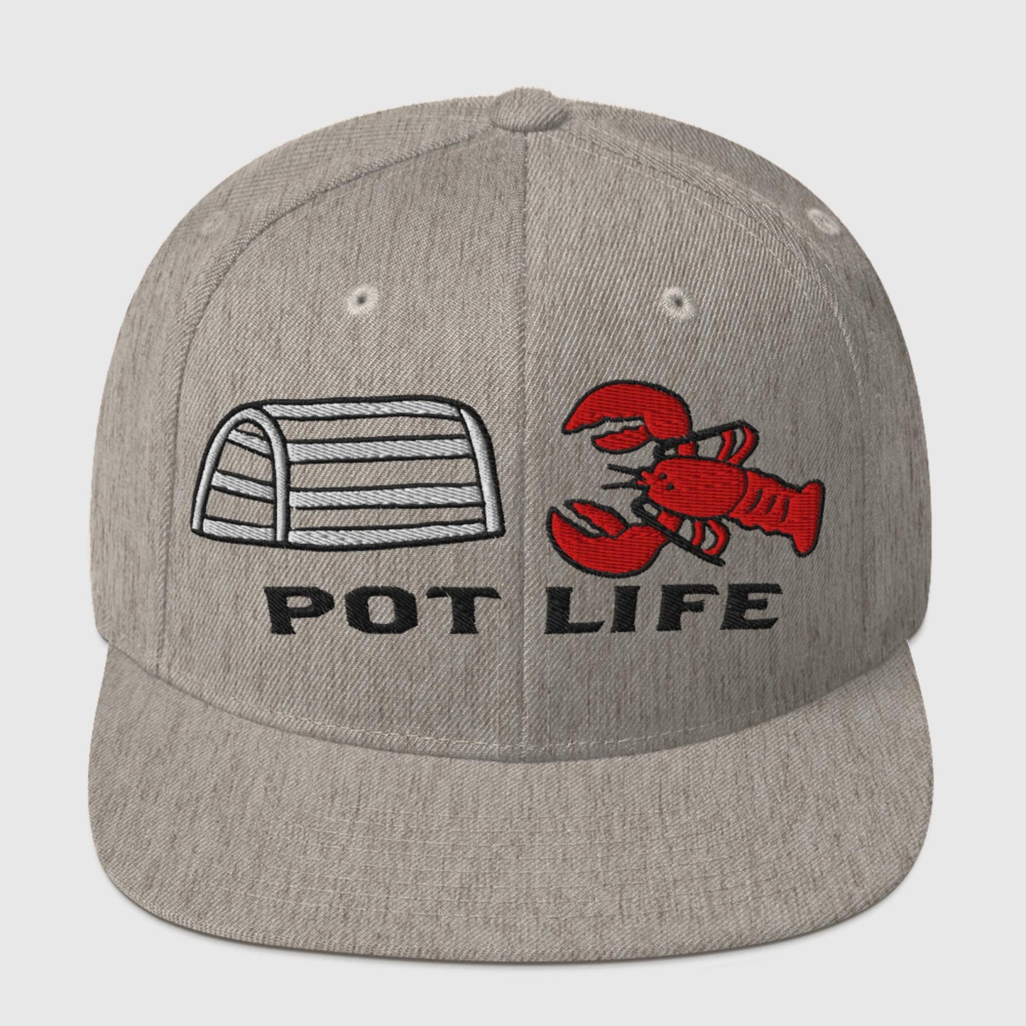 Heather grey snapback hat with embroidered lobster trap, red lobster, and “POT LIFE” text on the front