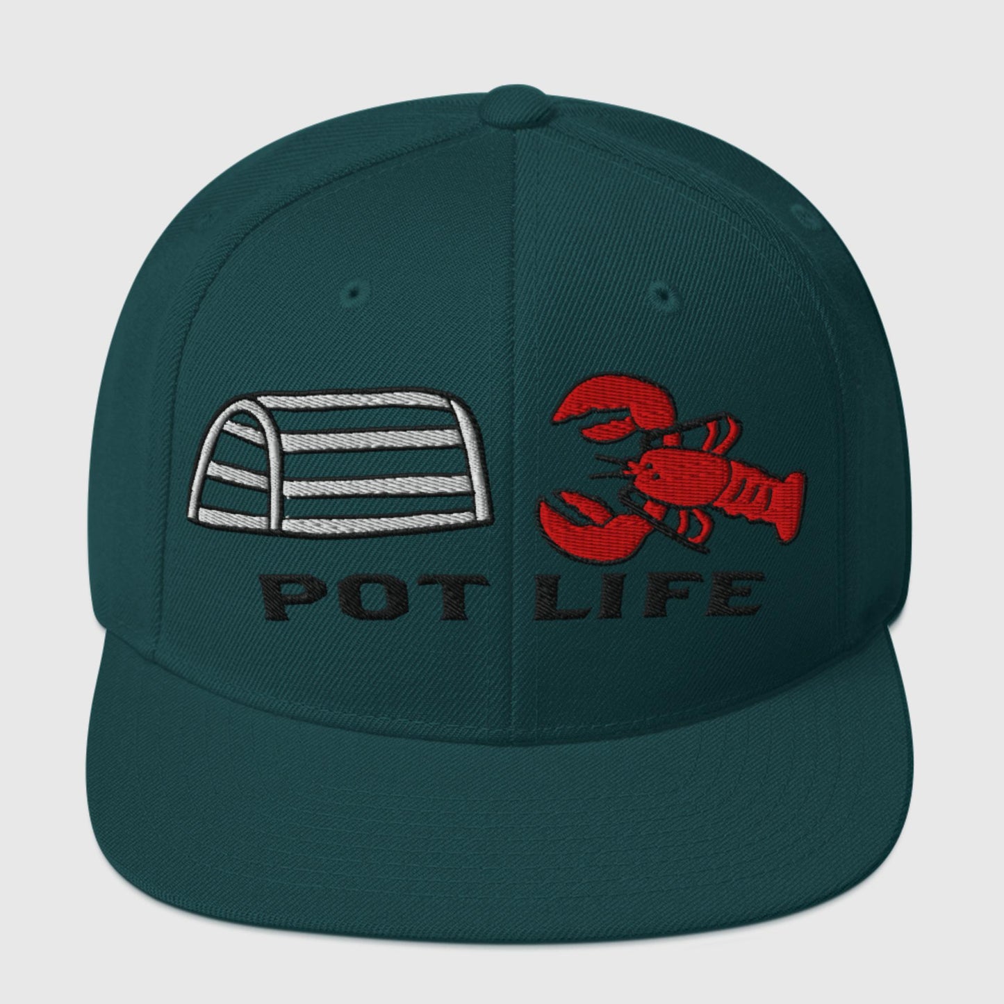 Spruce green snapback hat with embroidered lobster trap, red lobster, and "POT LIFE" text