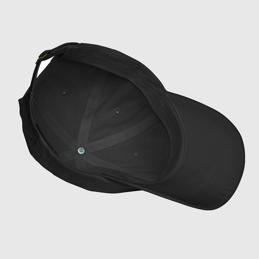 Inside view of black dad hat with embroidered largemouth bass design