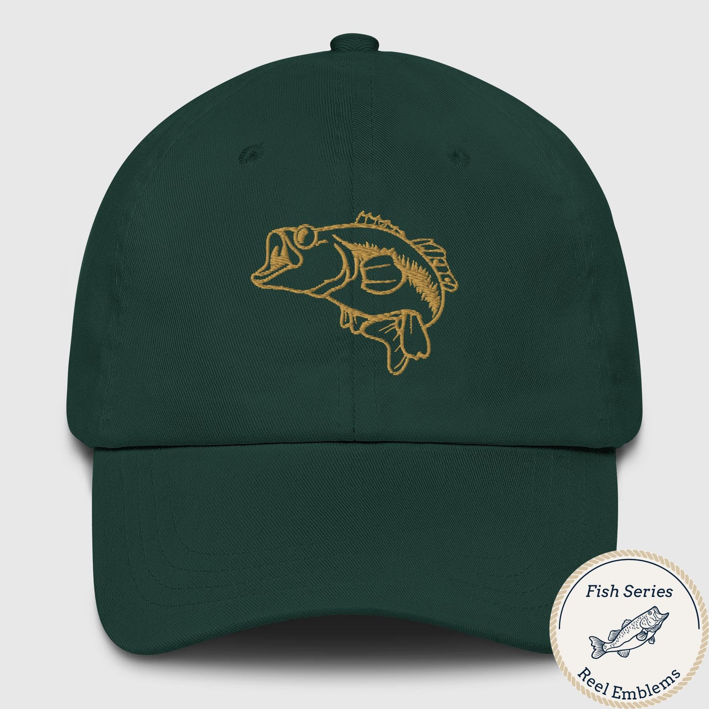 Dark green dad hat with embroidered largemouth bass design in gold thread, front view