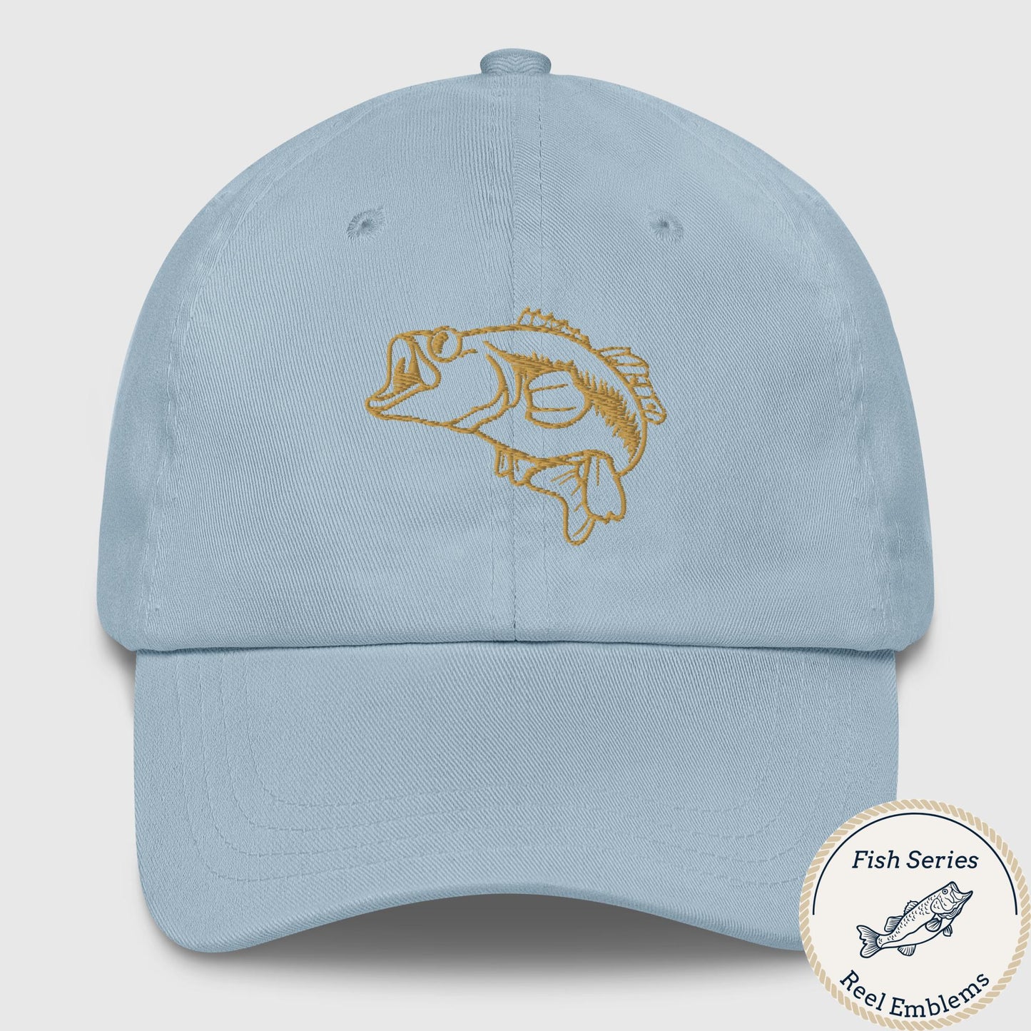 Light blue dad hat with embroidered largemouth bass design in gold thread, front view