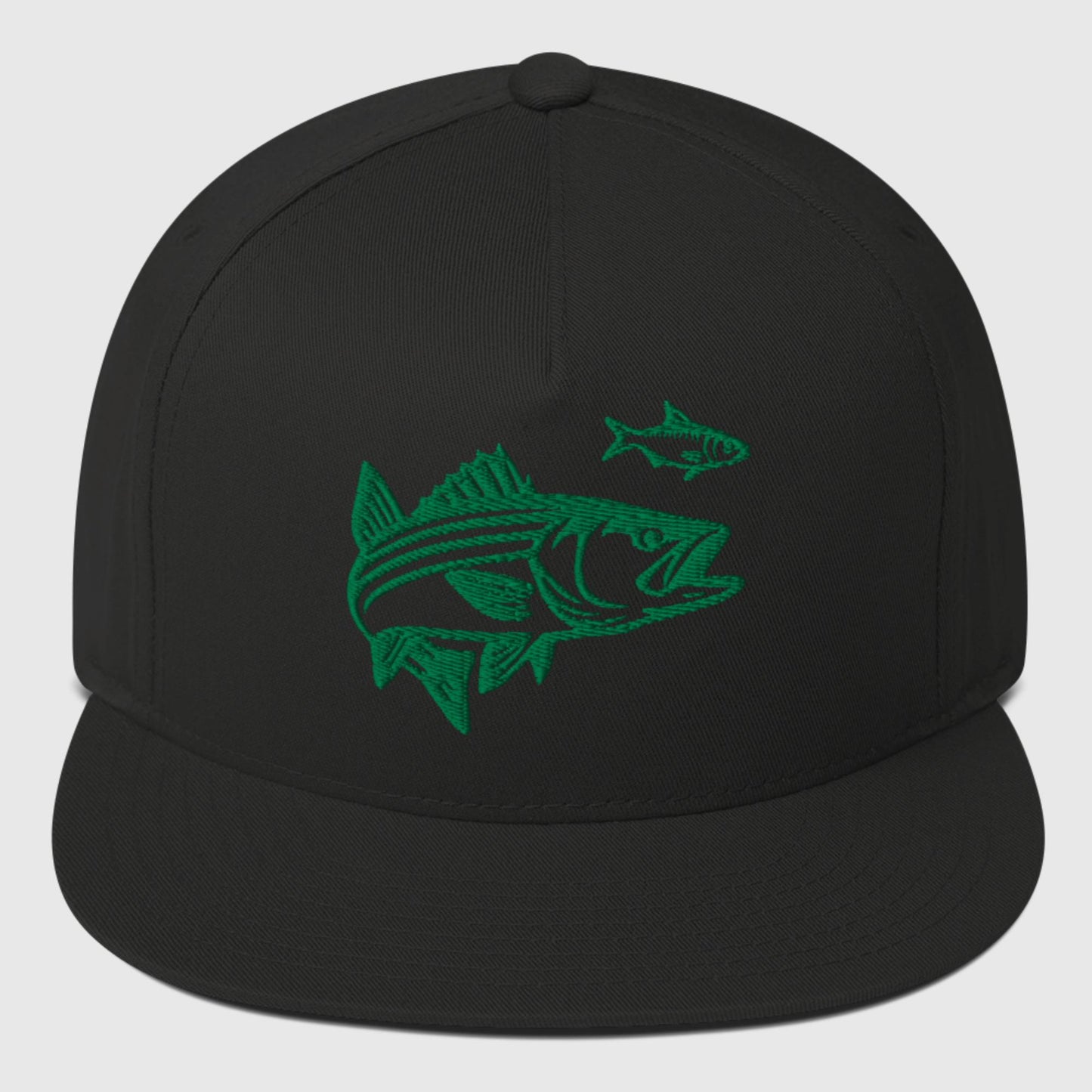 black flat bill hat with green embroidered striped bass and baitfish design on front