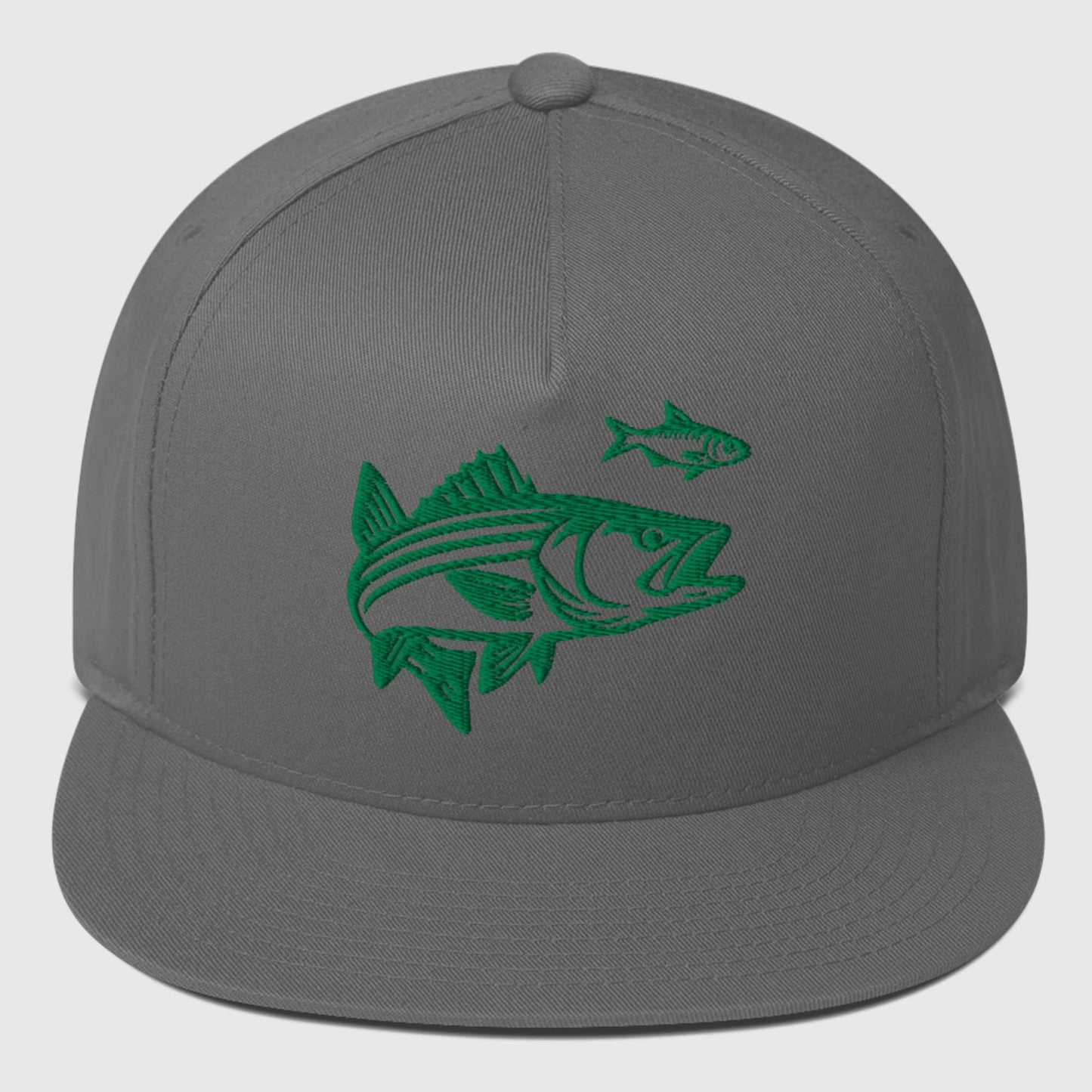 grey flat bill hat with green embroidered striped bass and baitfish design on front