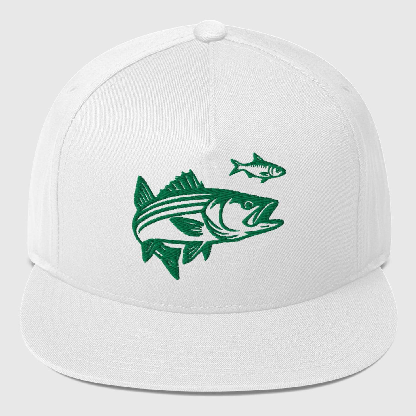 white flat bill hat with green embroidered striped bass and baitfish design on front