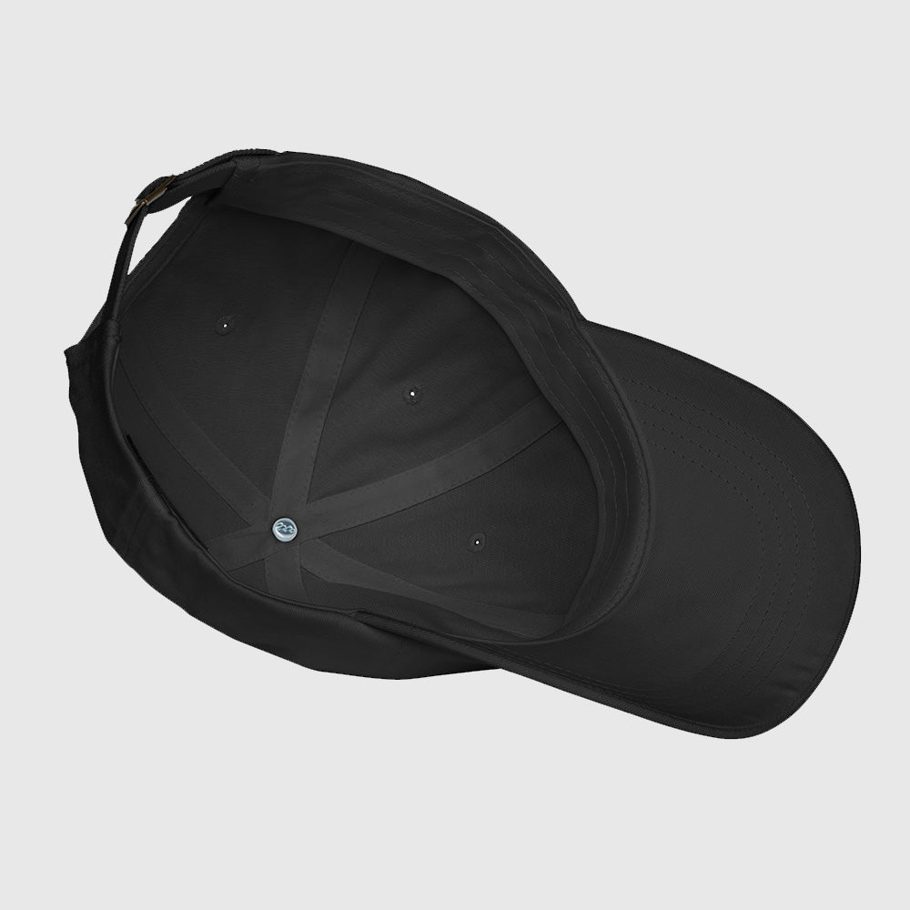Inside detail of black halibut chase dad hat