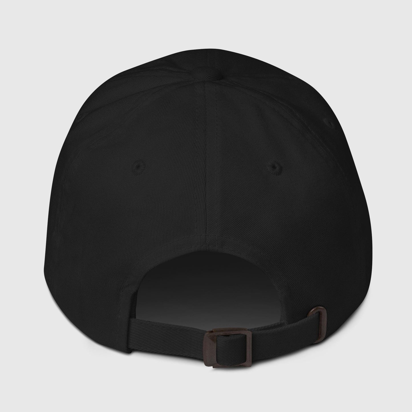 Side angle of halibut chase dad cap in black, DTF print