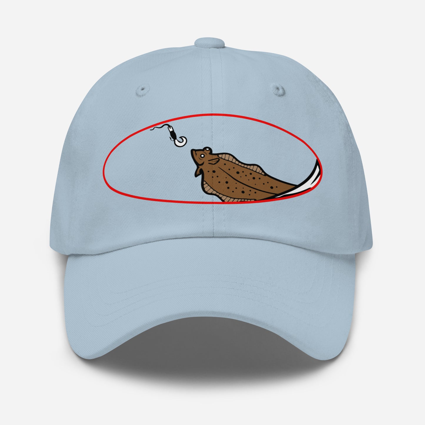 Light blue dad hat with halibut chase print