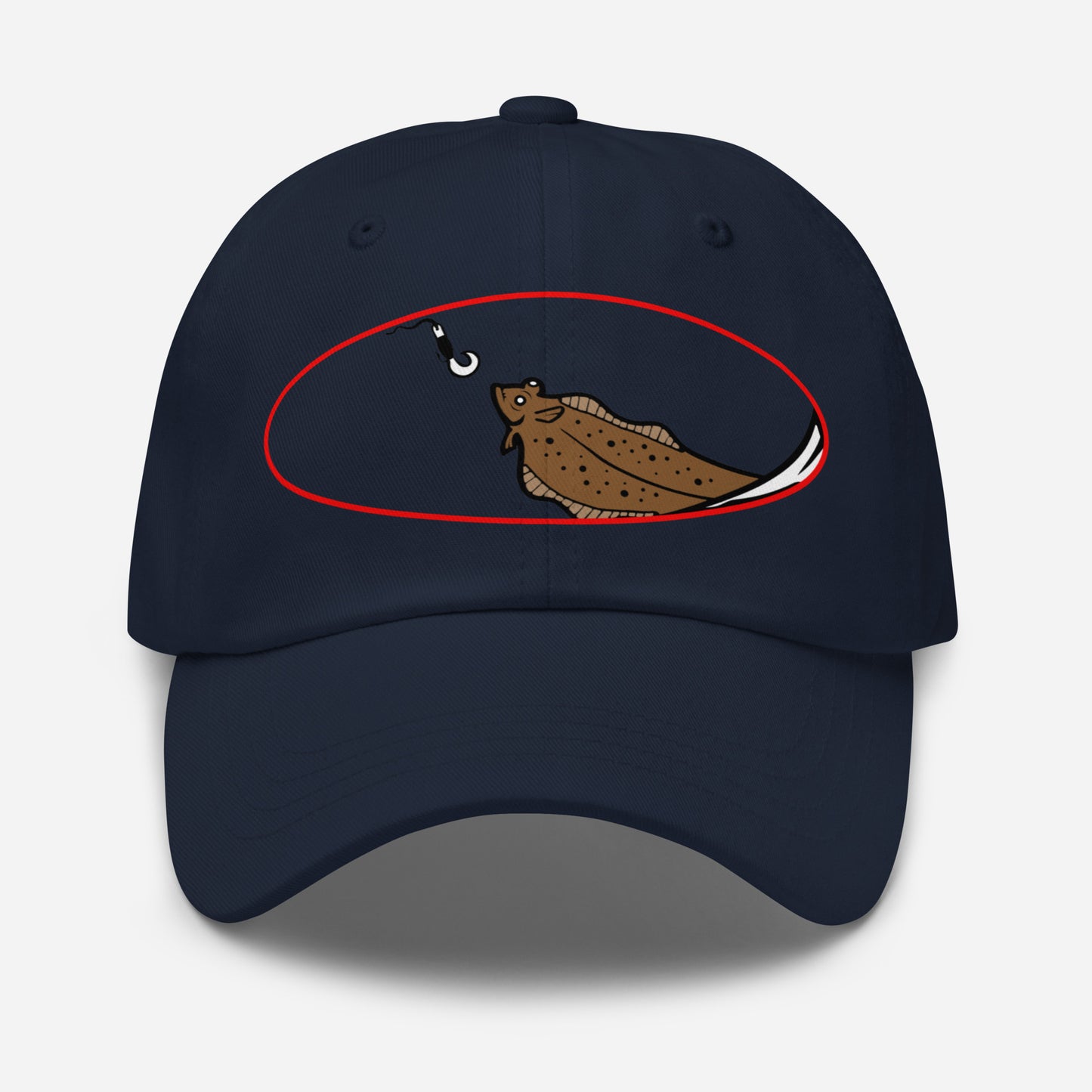Navy halibut chase dad hat with printed design