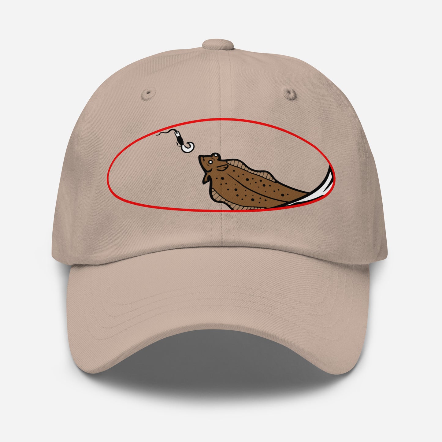 Stone-colored dad hat with halibut chase printed graphic