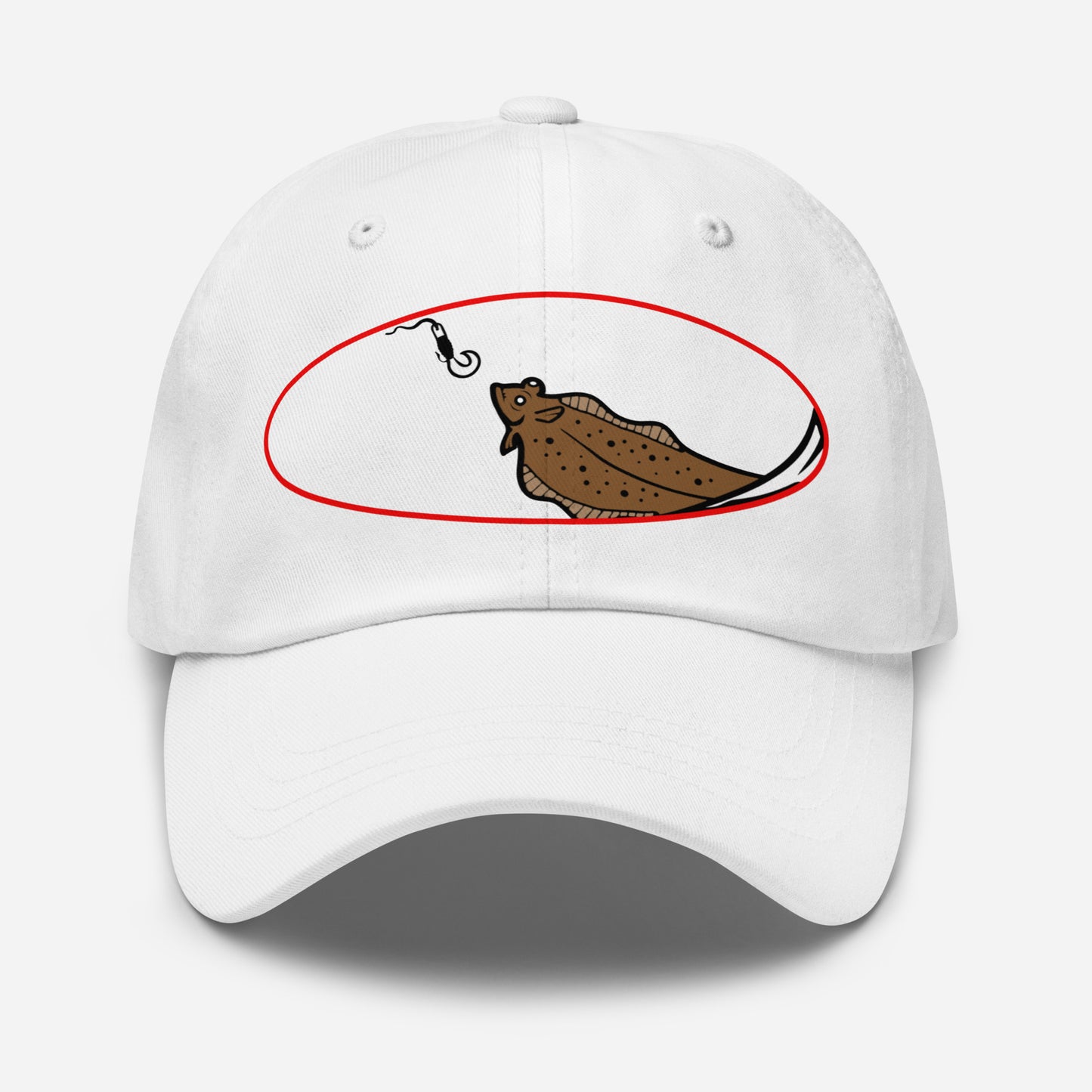 White halibut chase dad cap with printed design