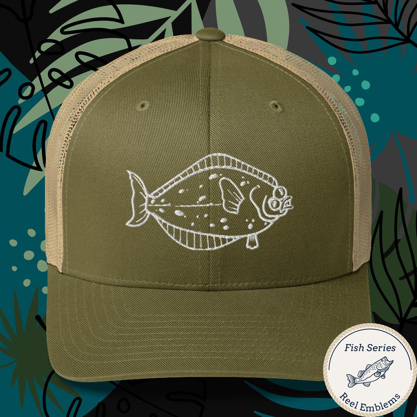 Moss and Khaki mesh back trucker hat with white halibut fish design