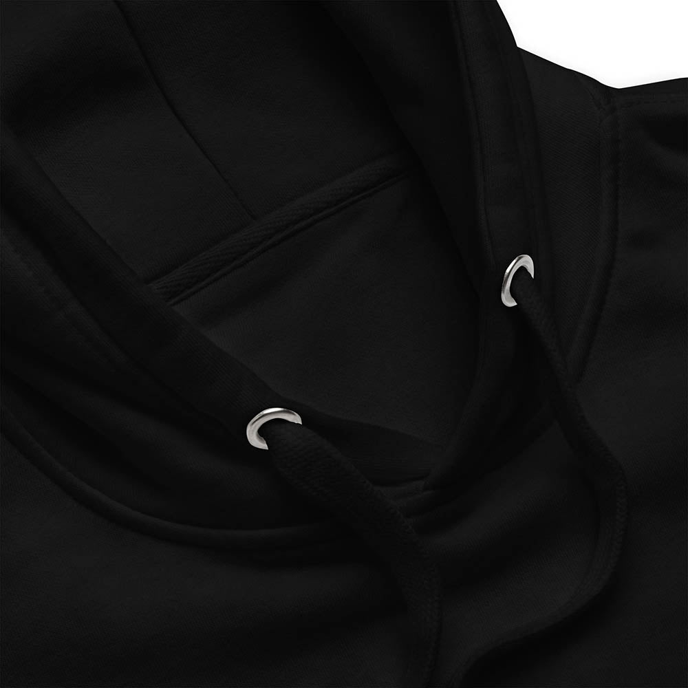 Close-up of black hoodie hood and drawstrings