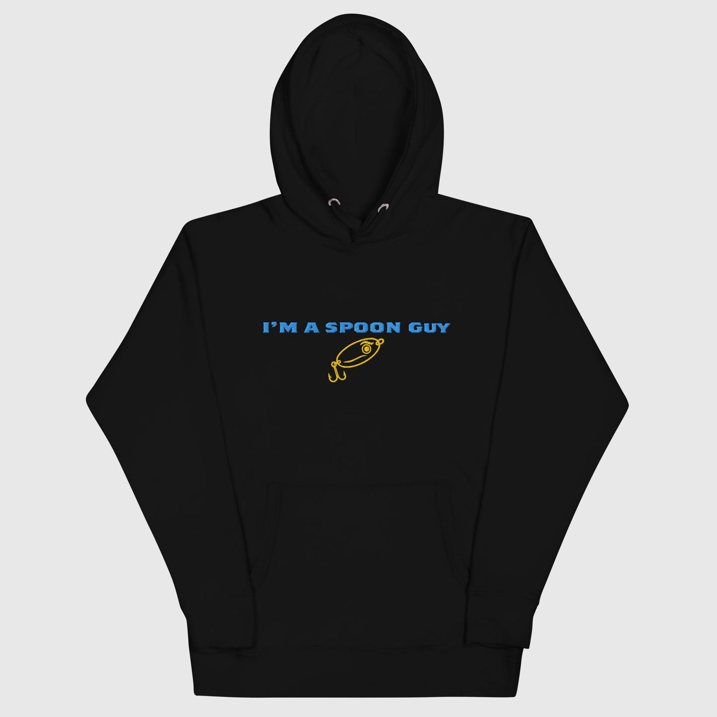 Black hoodie with "I’m a Spoon Guy" text and yellow spoon graphic