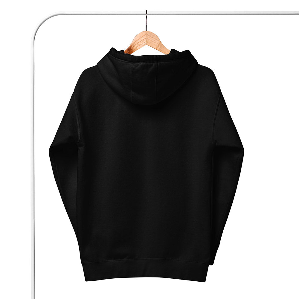 Back view of black hoodie hanging on a wooden hanger