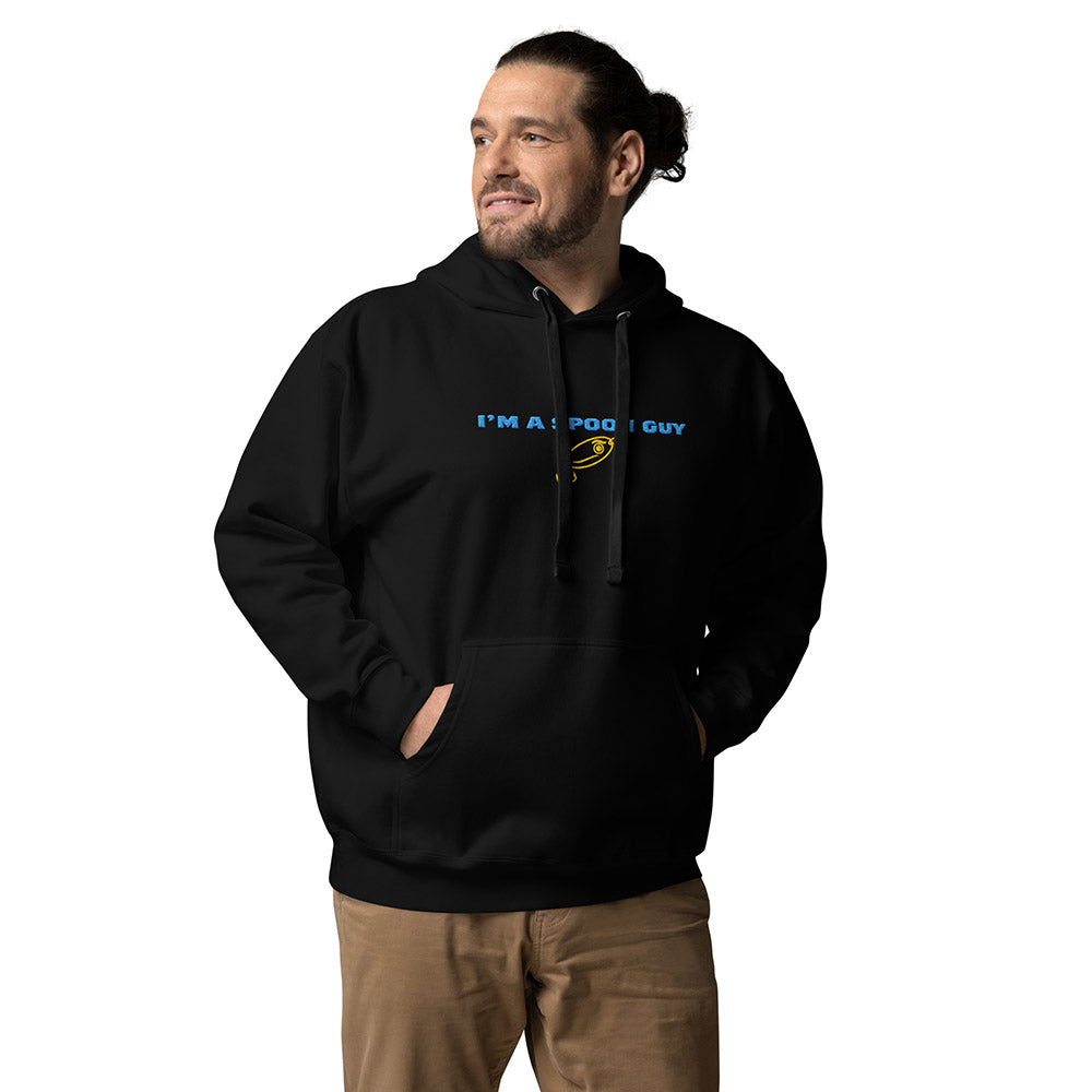 Man wearing a black hoodie with "I’m a Spoon Guy" text and yellow fishing spoon graphic