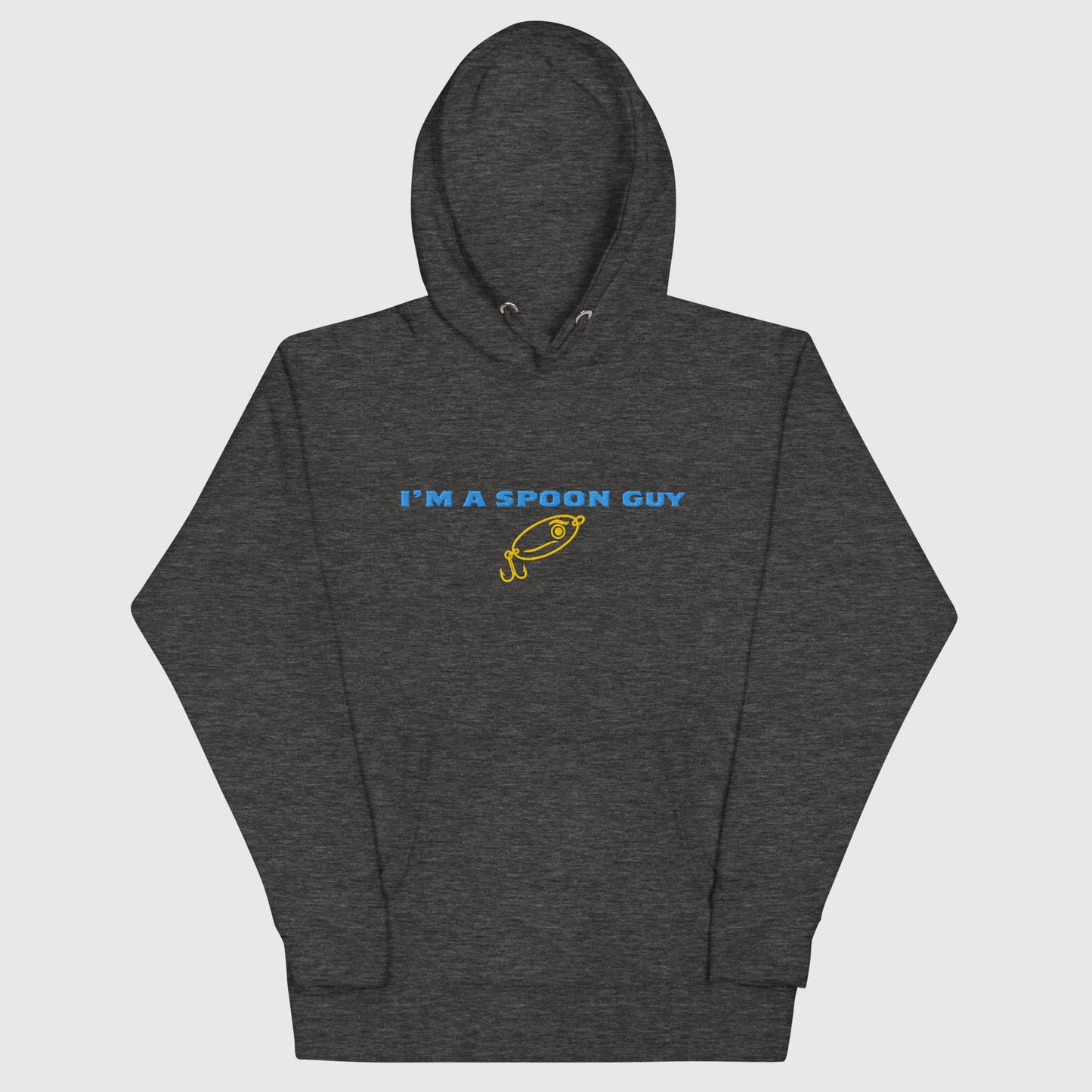 heather grey hoodie with "I’m a Spoon Guy" text and yellow fishing spoon graphic