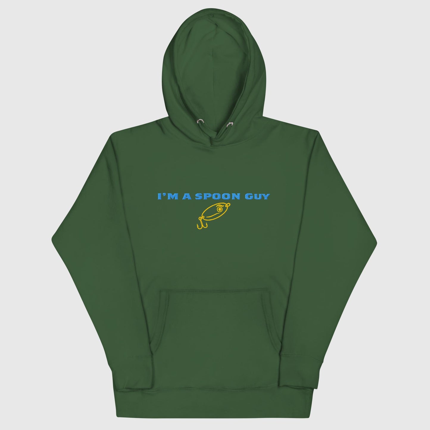Forest green hoodie with "I’m a Spoon Guy" text and yellow spoon graphic