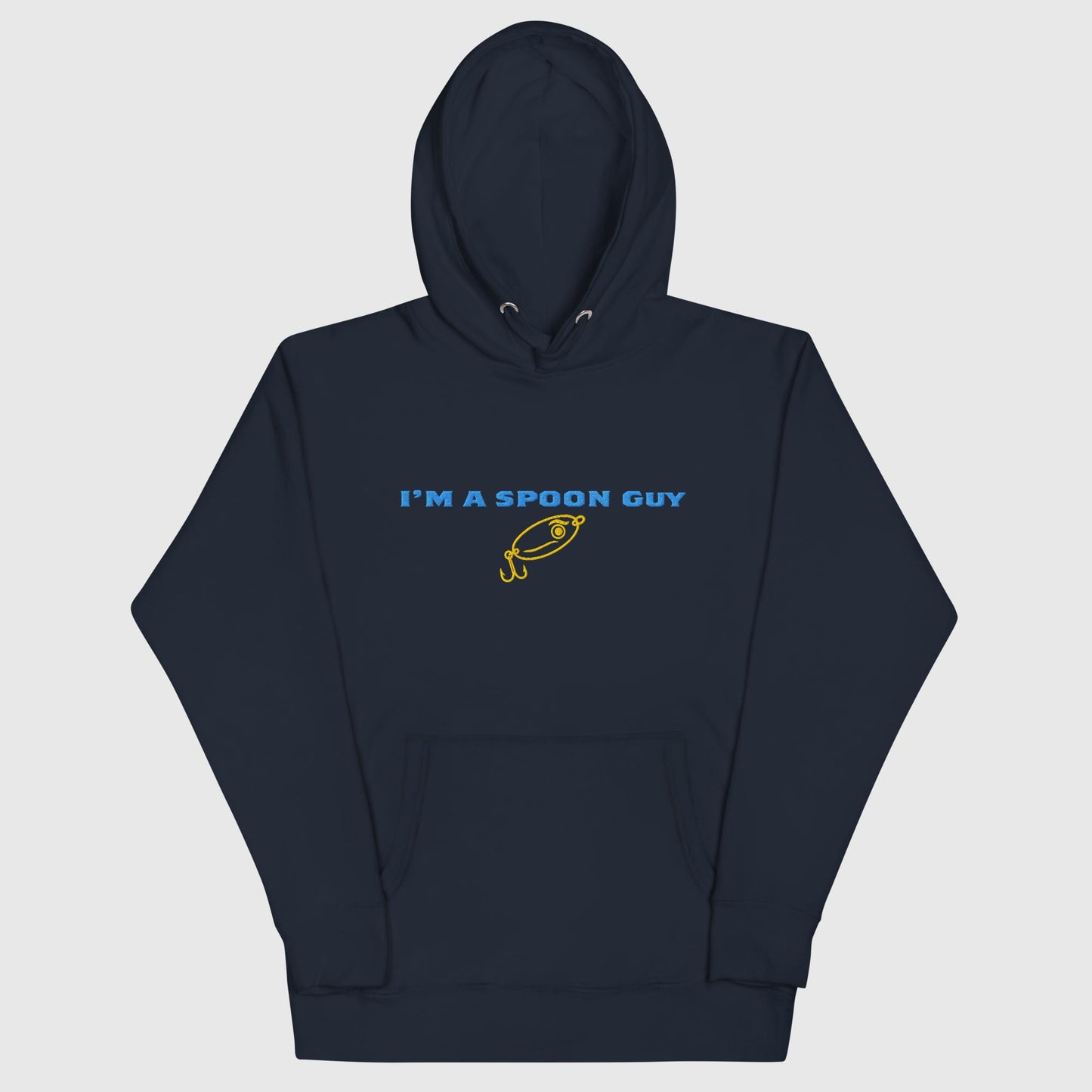 Navy hoodie with "I’m a Spoon Guy" text and yellow spoon graphic