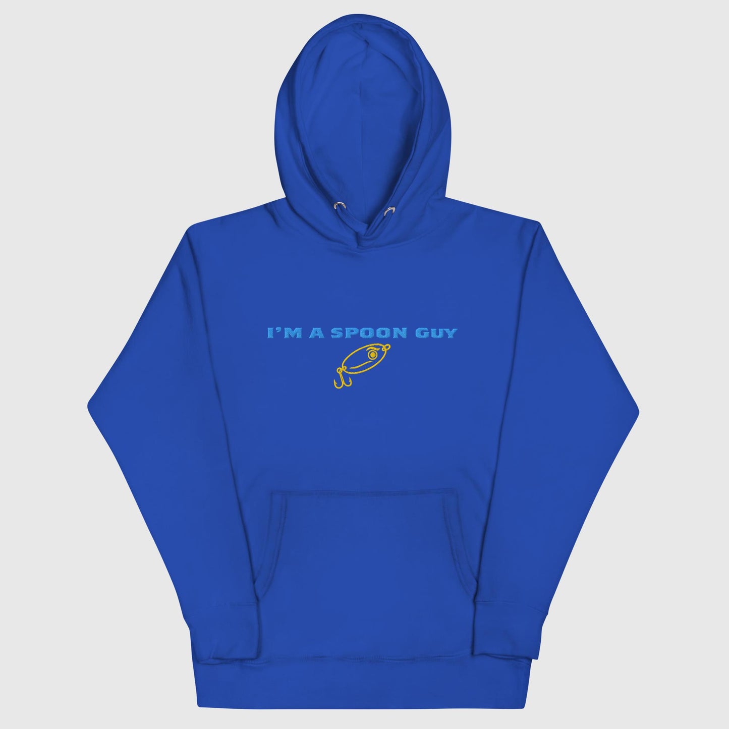 Royal blue hoodie with "I’m a Spoon Guy" text and yellow spoon graphic