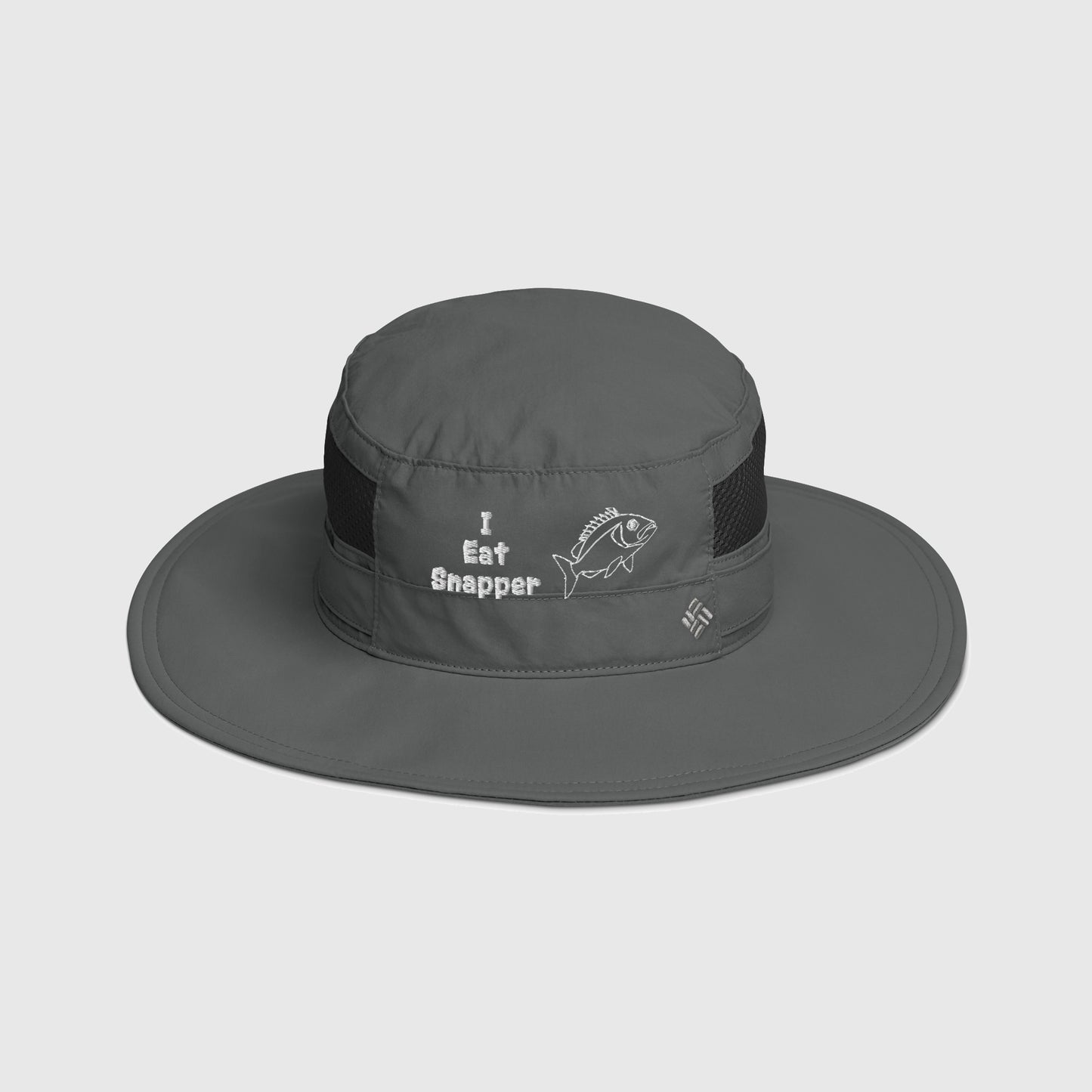 Dark grey Columbia bucket hat with embroidered “I Eat Snapper” text and fish design, front view