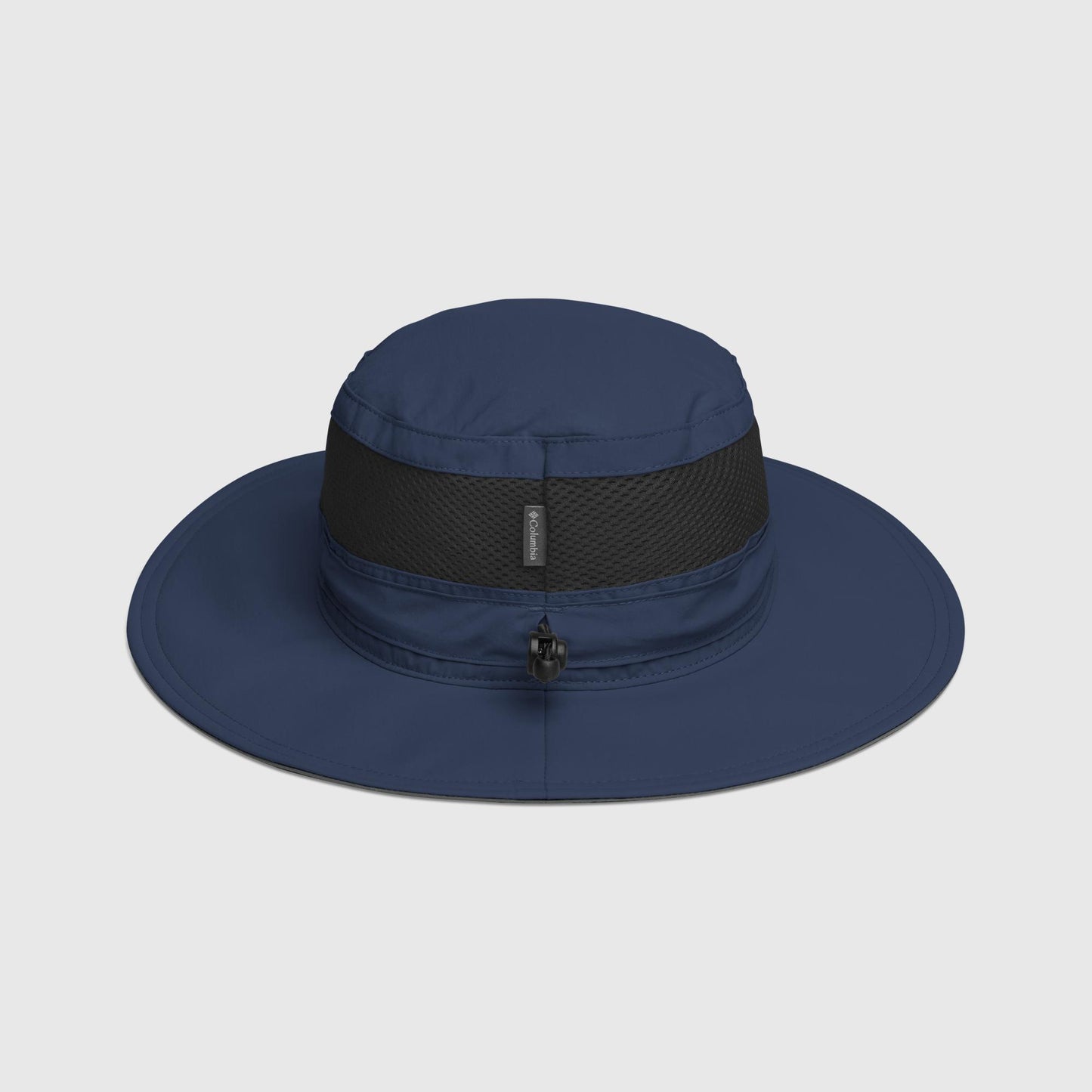 Side view of navy Columbia bucket hat with embroidered “I Eat Snapper” text and fish design
