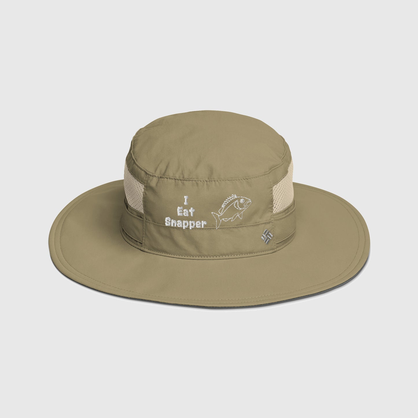 Stone-colored Columbia bucket hat with embroidered “I Eat Snapper” text and fish design, front view