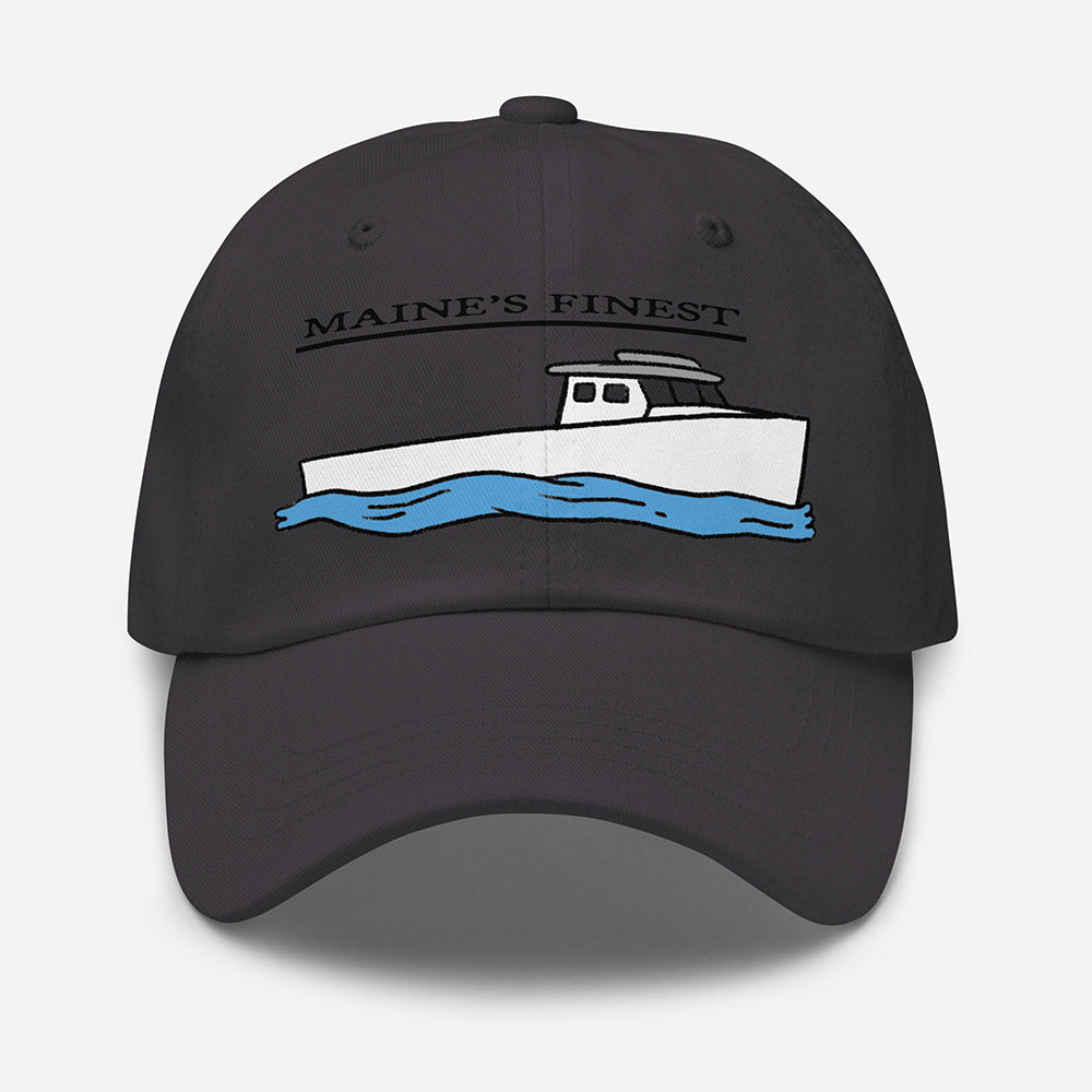 Dark grey dad hat with embroidered Maine lobster boat design and 'Maine’s Finest' text, front view