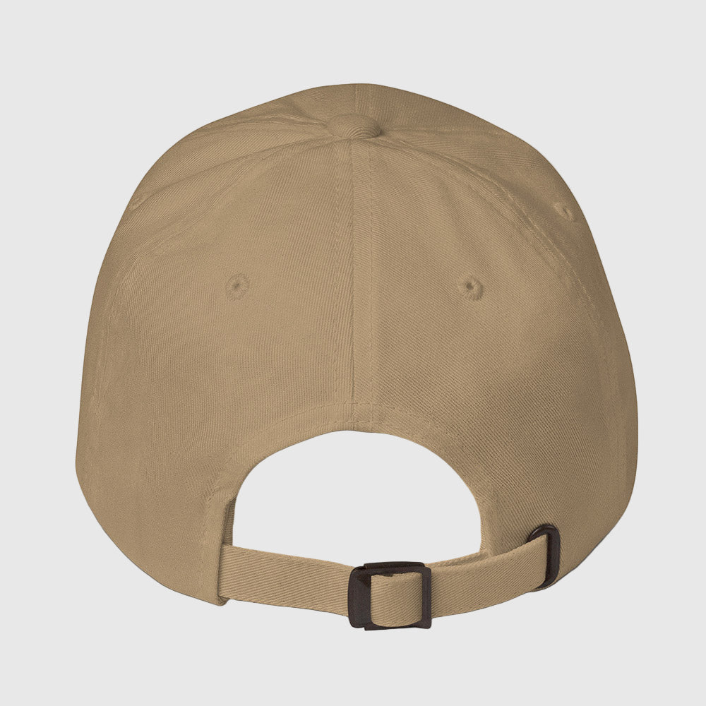 Khaki dad hat with adjustable strap and metal buckle, rear view
