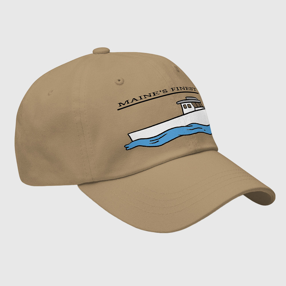 Reel Emblems embroidered dad hat with Maine lobster boat design and 'Maine’s Finest' text on khaki cap