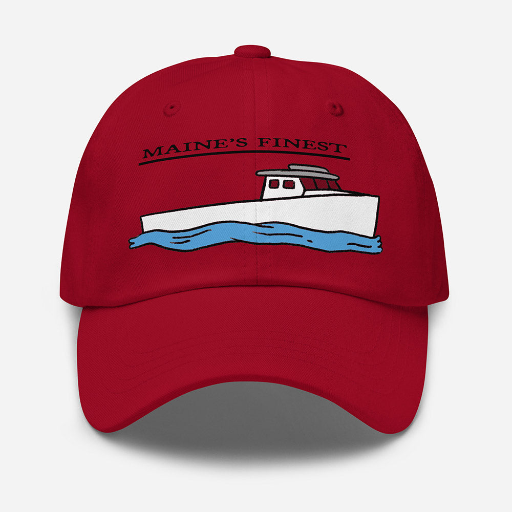 Red dad hat with embroidered Maine lobster boat design and 'Maine’s Finest' text, front view