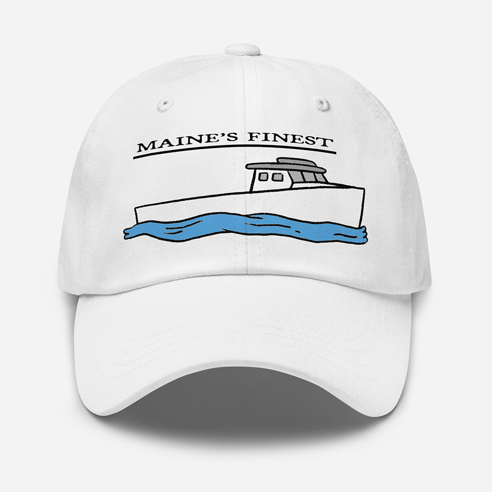 White dad hat with embroidered Maine lobster boat design and 'Maine’s Finest' text, front view