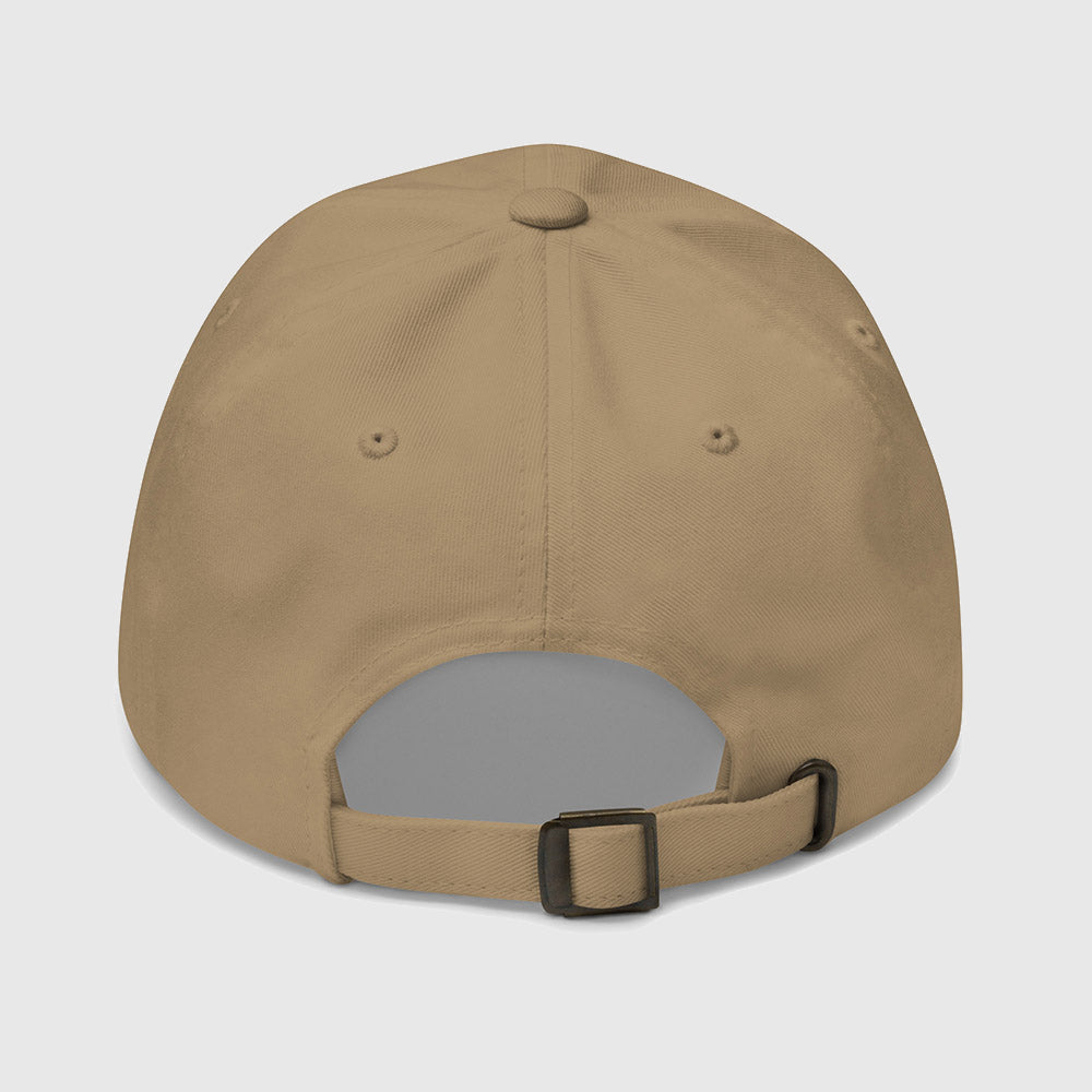 Back view of khaki dad hat with adjustable strap