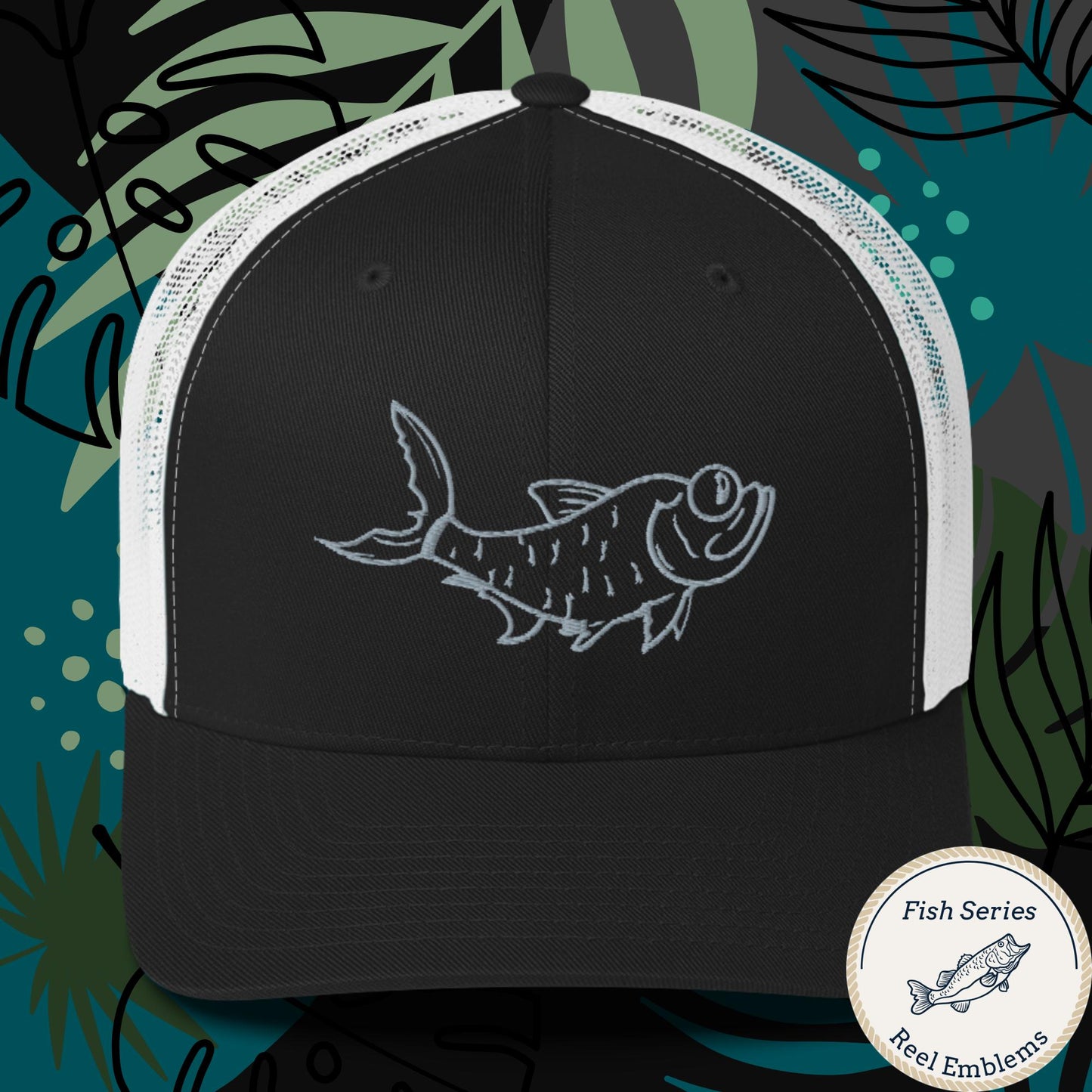 Black and white fishing trucker hat with embroidered tarpon fish design, front view